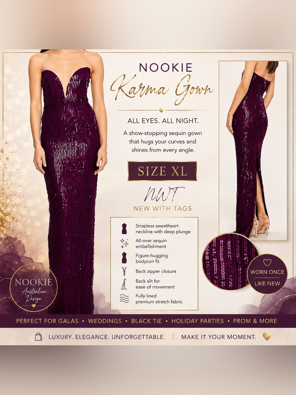 Nookie Karma Gown Strapless Sequin Evening Dress in Plum XL NWT